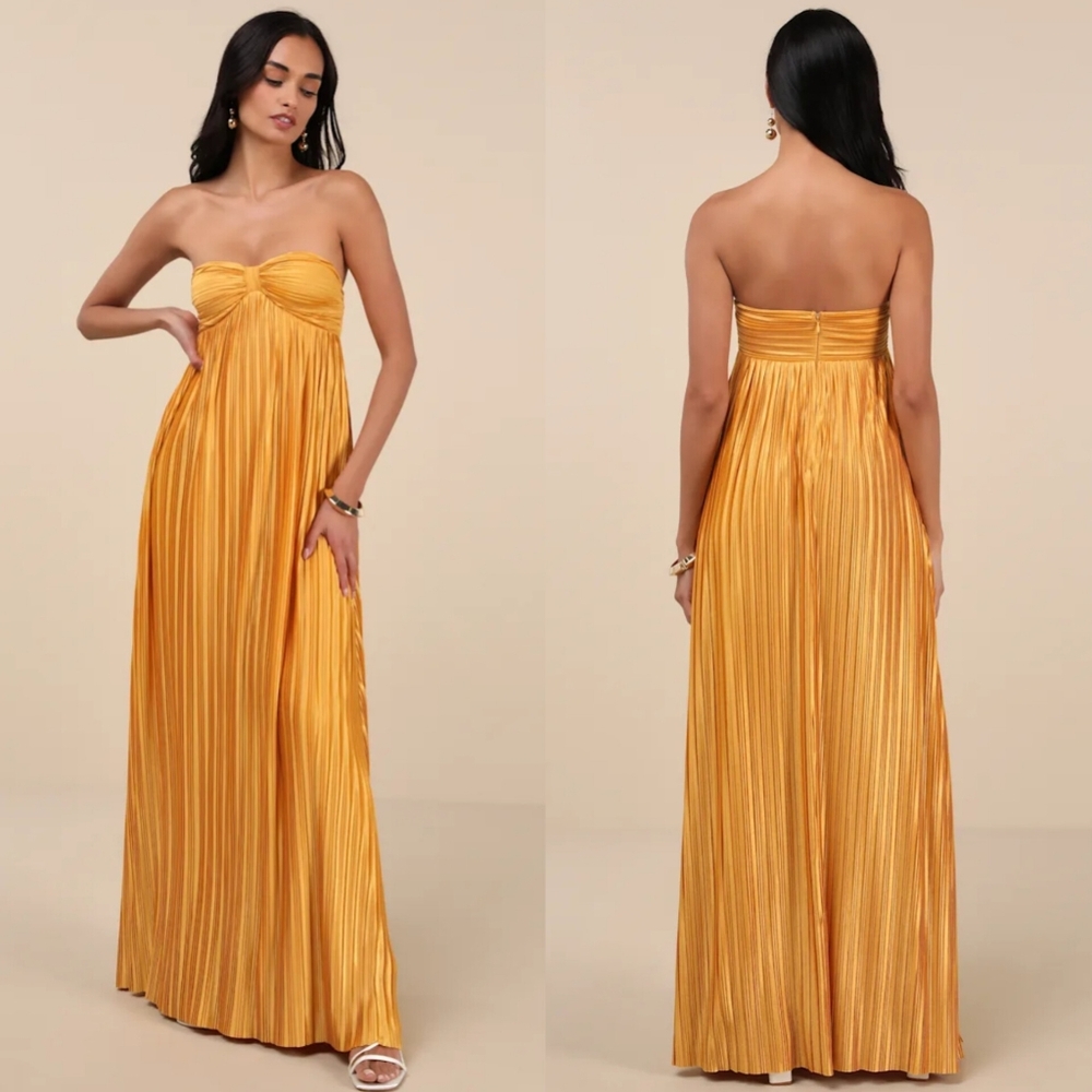 Lulu's Mustard Yellow Strapless Pleated Maxi Dress
